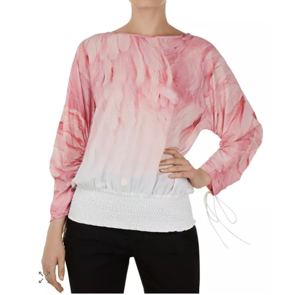 Ted Baker London‎ Pink Feather Print Smocked Waist Long Sleeve Top Size 1